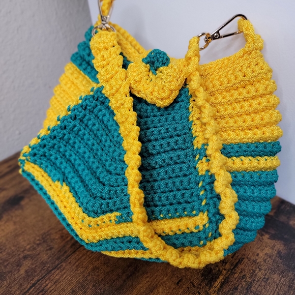Vibrant Yellow and Teal Crochet Shoulder Bag - Picture 7 of 7